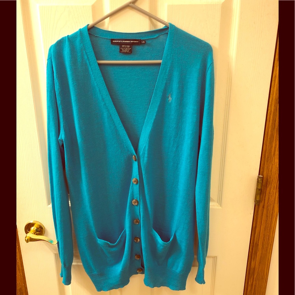 Ralph Lauren Sport aqua buttoned v neck cardigan.